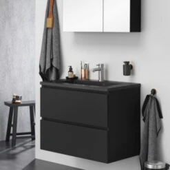 Tiger Badkamermeubelset Karlo 80cm Matzwart Met Zwarte Wastafel -Huishoudelijke Artikelen Korting 123 1603